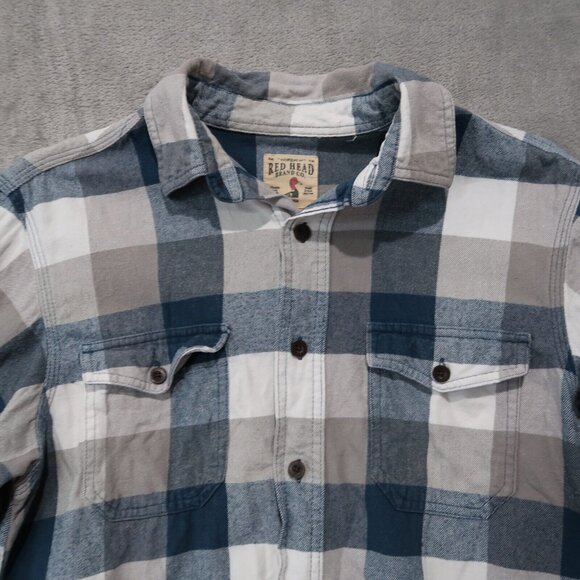 Red Head Shirt Mens M Blue Checks Flannel Button Up Collared Workwear Casual - Picture 2 of 16
